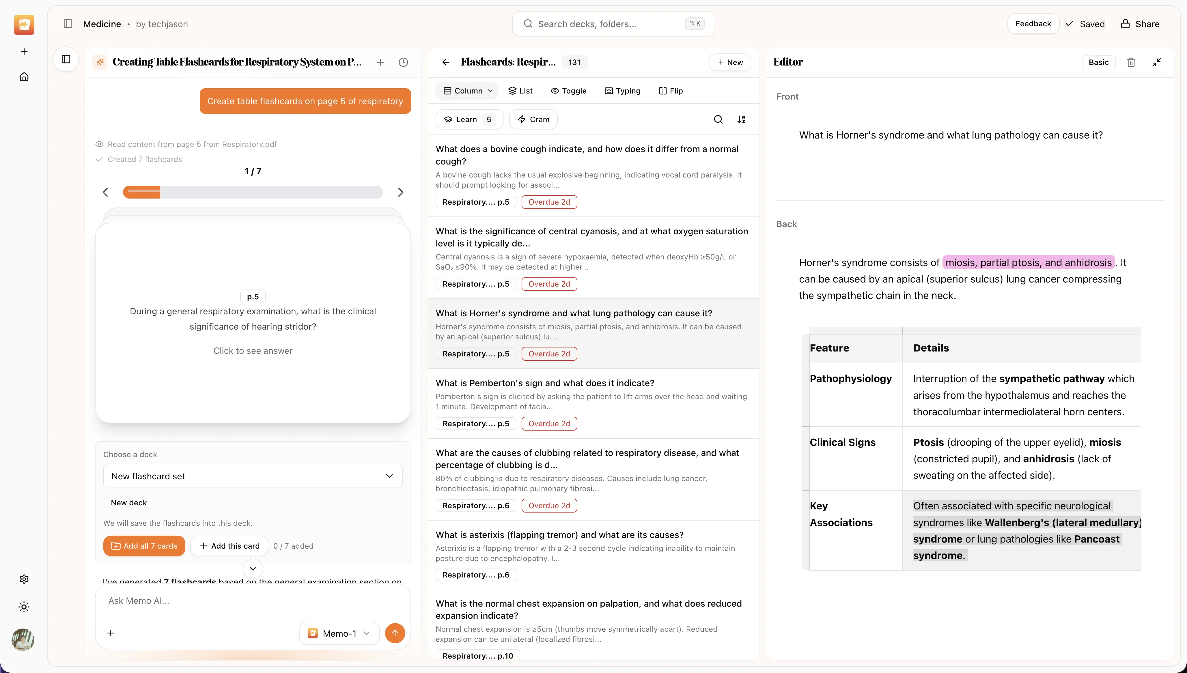 Memo AI generating flashcards from a PDF