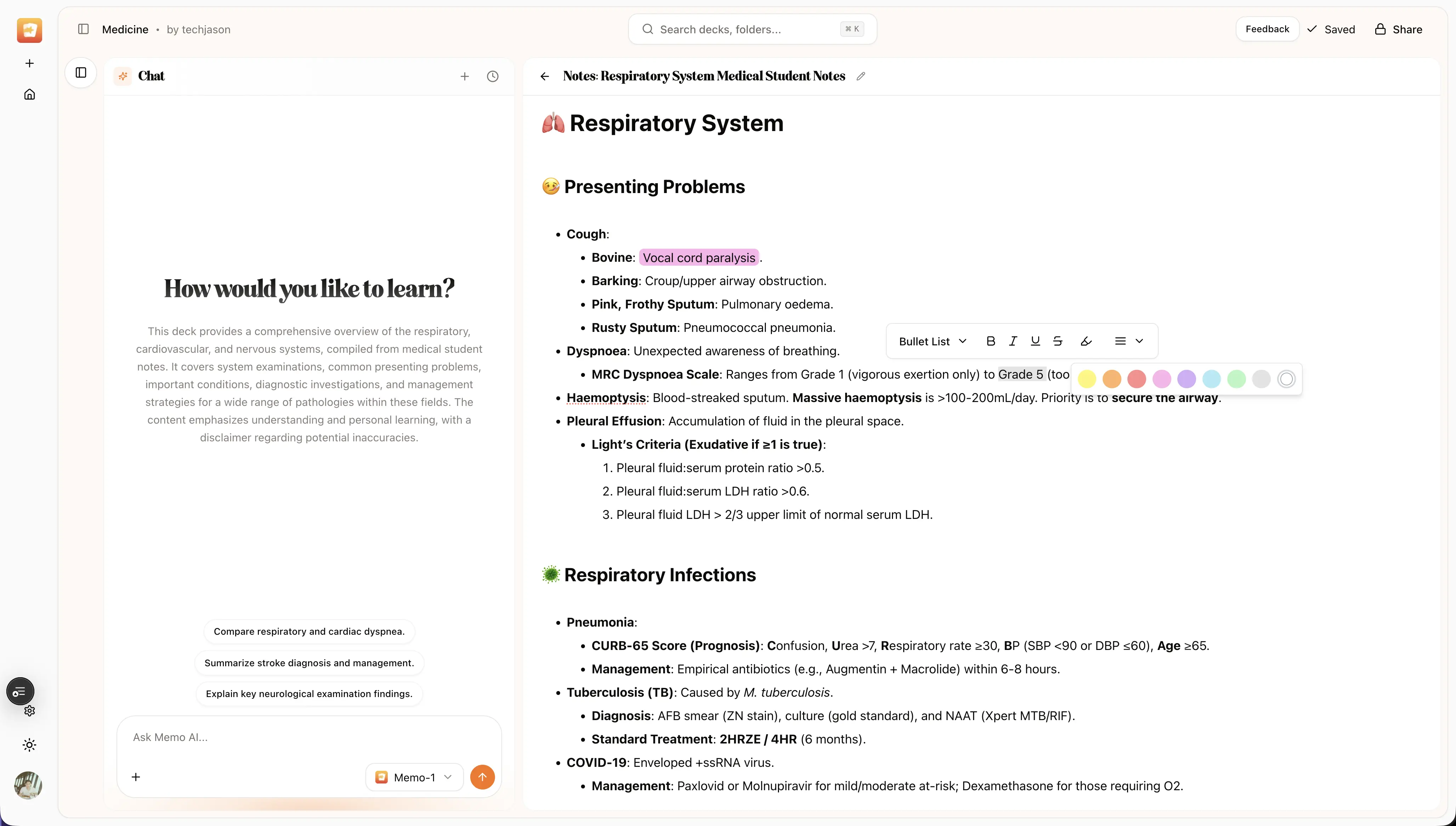 Structured note layout generated by Memo