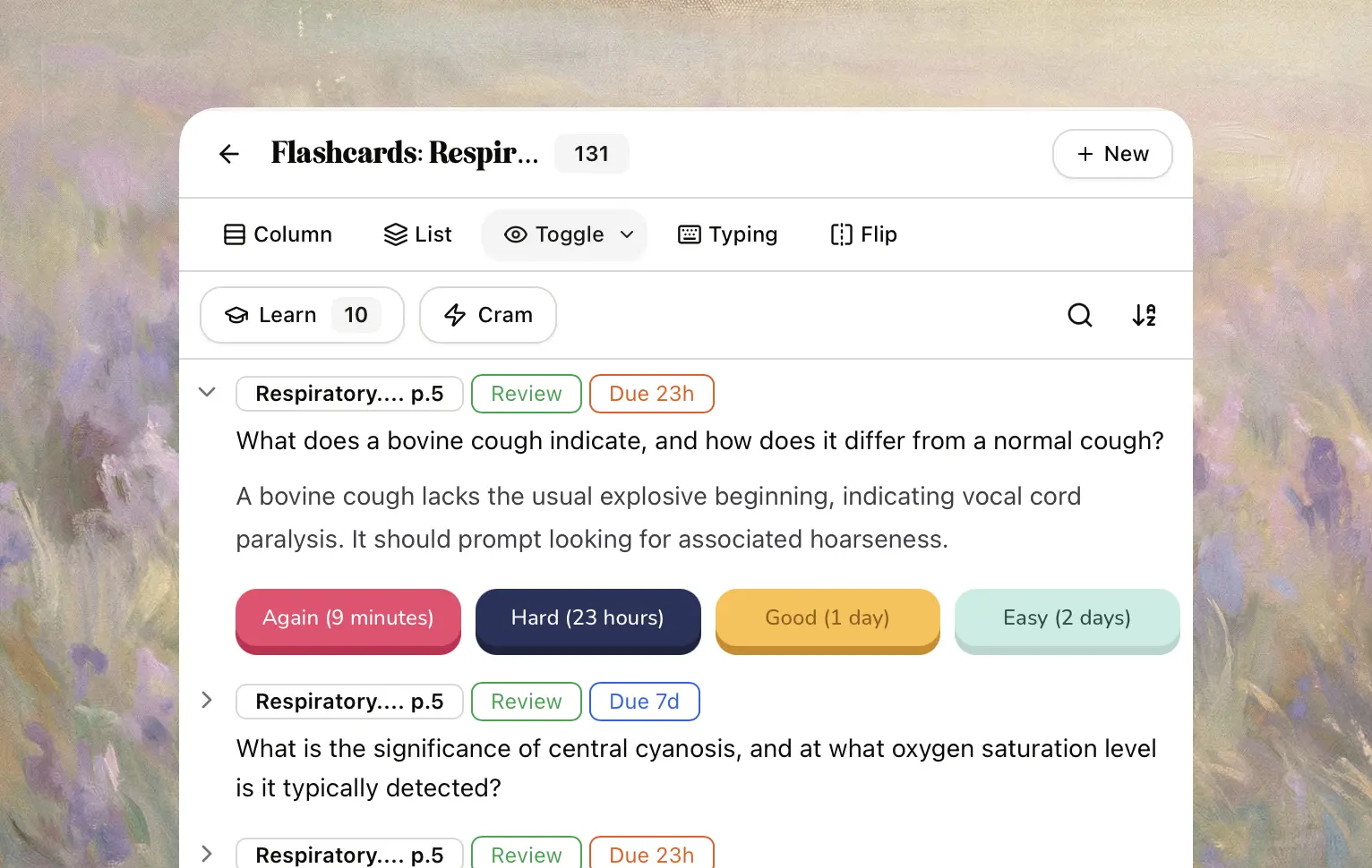 Flashcard toggle and list views